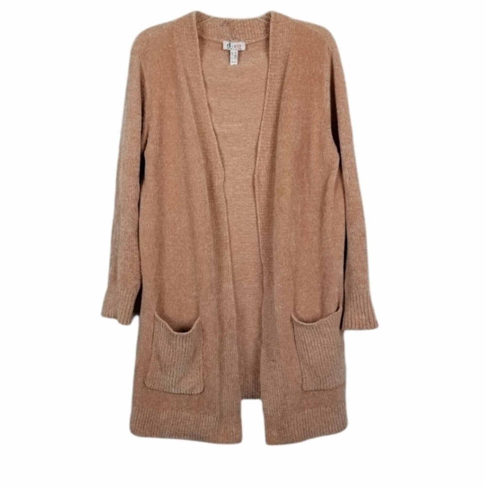 Denim&Co Chenille Cardigan Sweater Long Open Soft Warm Neutral Pocket Oversized
